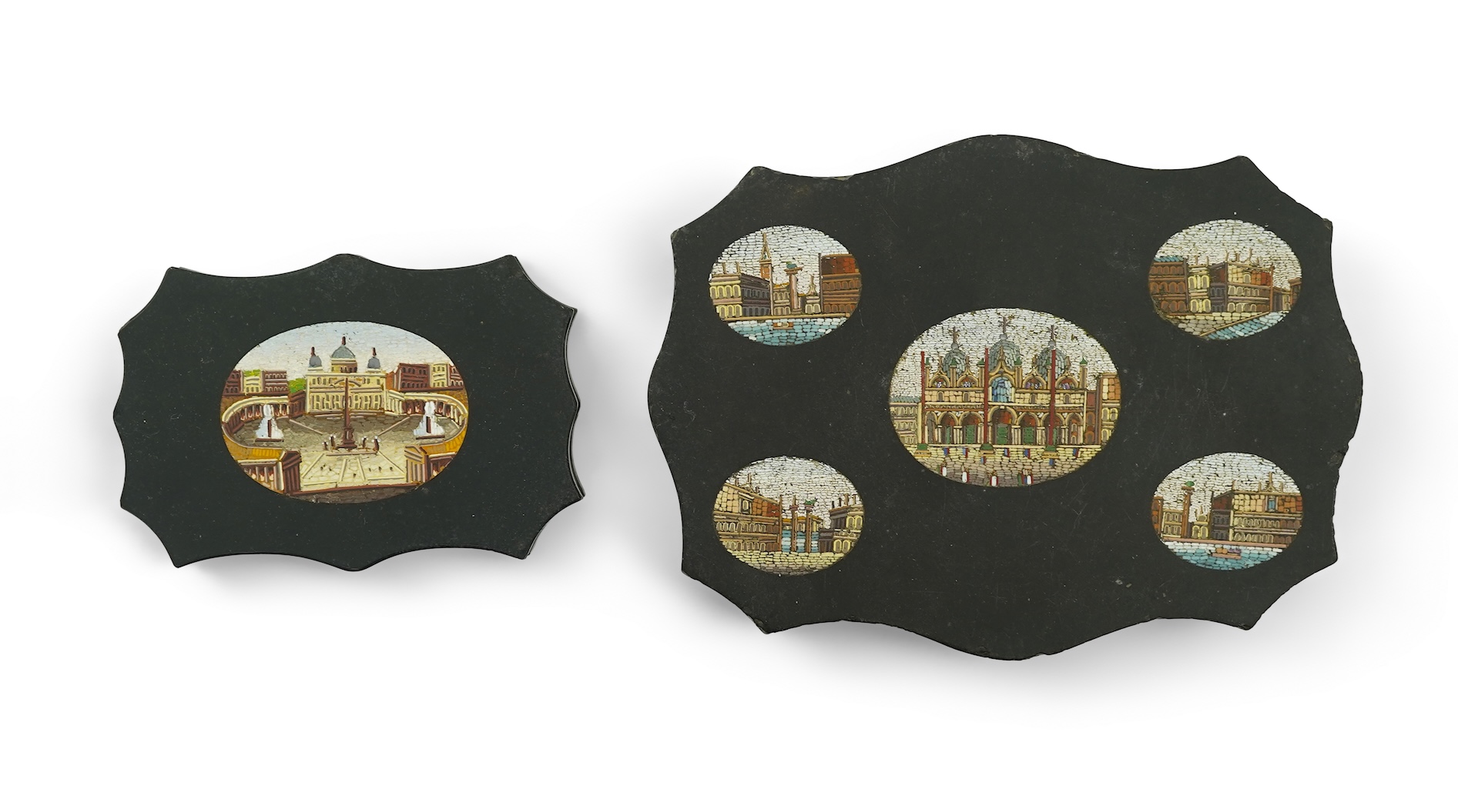 Two Italian micro-mosaic inlaid black slate paperweights, 19th century